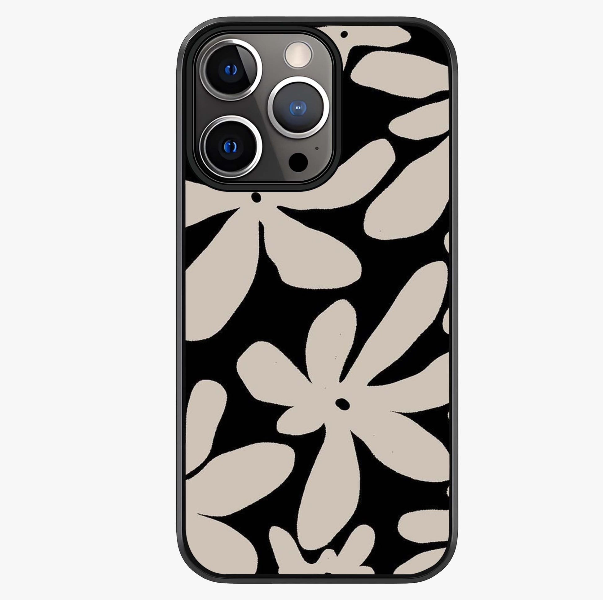 Monochrome Petal Dance Glass Case showing full back design in clean flat view with glossy glass finish.