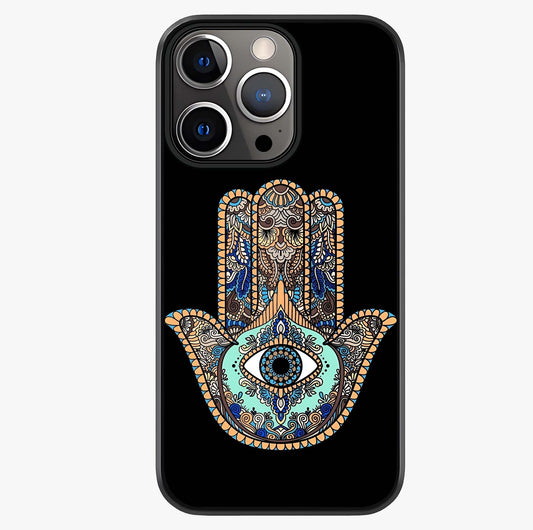 Mystic Hamsa Eye Glass Case showing full back design in clean flat view with glossy glass finish.