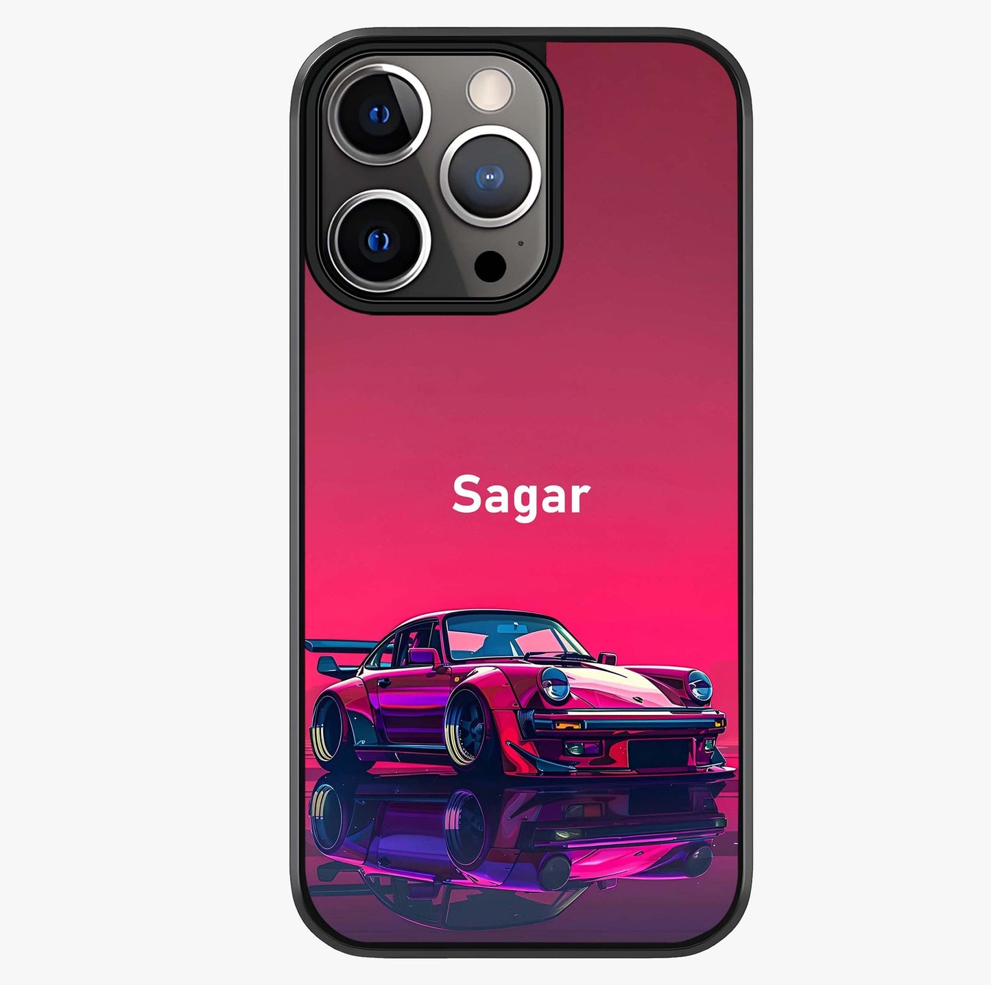 Neon Pink Porsche Glass Case showing full back design in clean flat view with glossy glass finish.