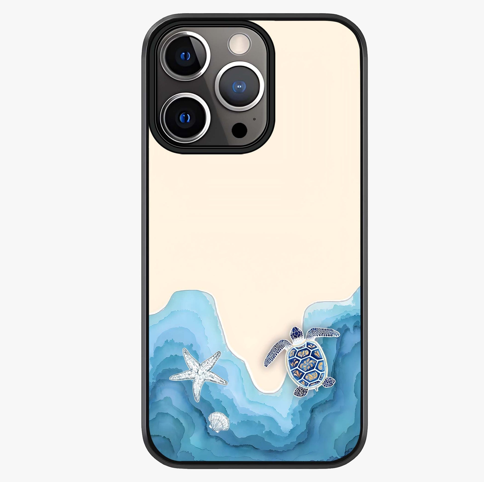 Ocean Drift Turtle Glass Case showing full back design in clean flat view with glossy glass finish.