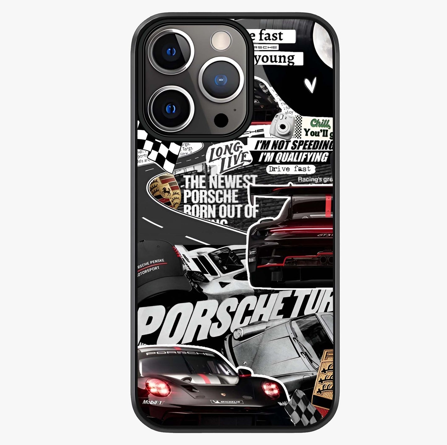 Porsche Racing Collage Glass Case showing full back design in clean flat view with glossy glass finish.