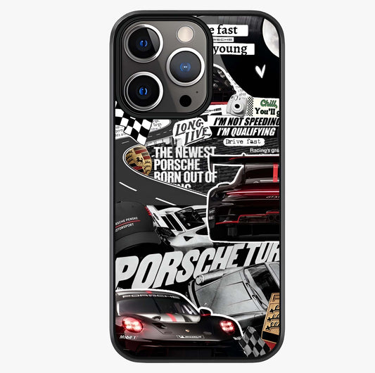 Porsche Racing Collage Glass Case showing full back design in clean flat view with glossy glass finish.