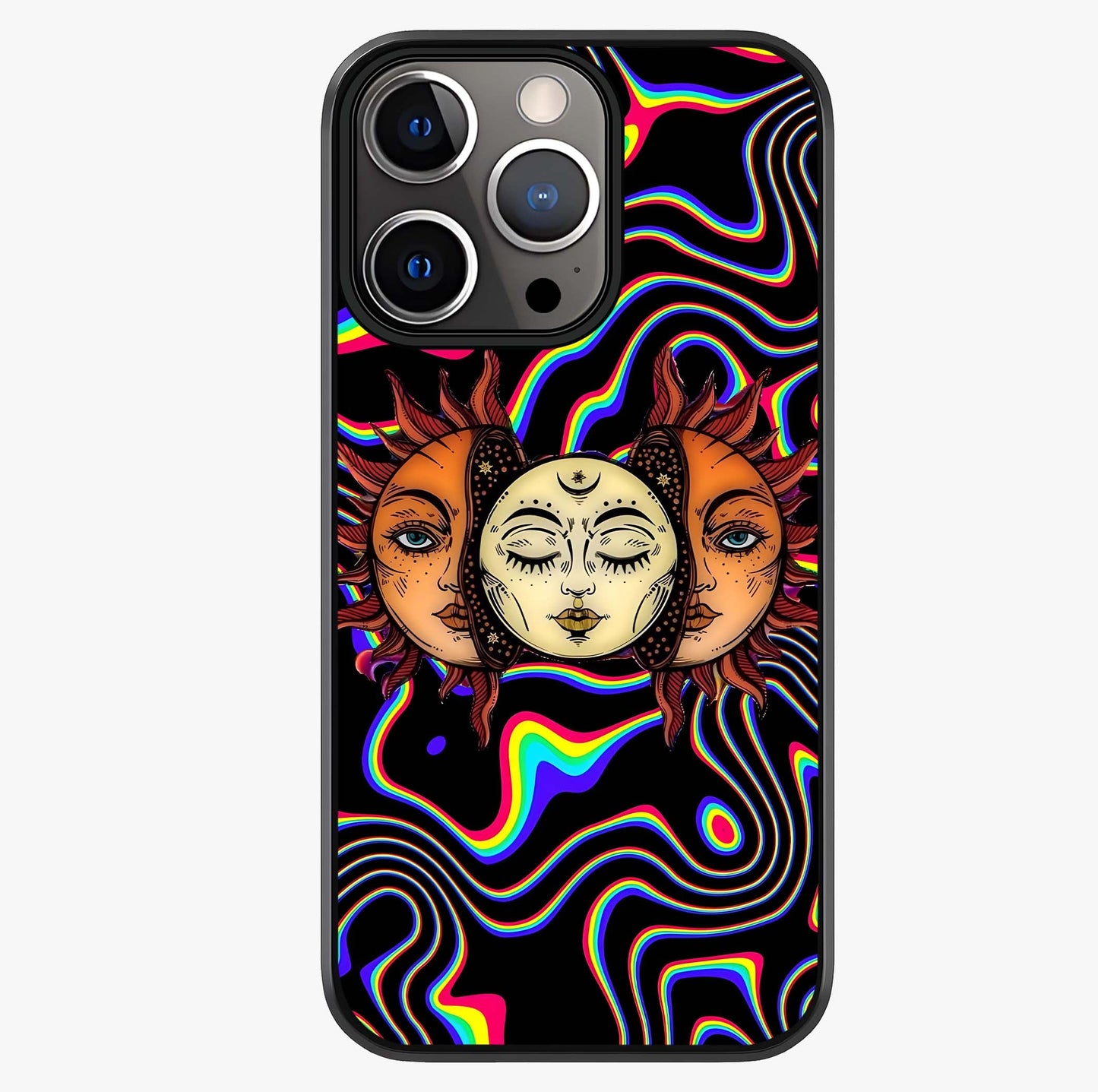 Psychedelic Sun Glass Case showing full back design in clean flat view with glossy glass finish.