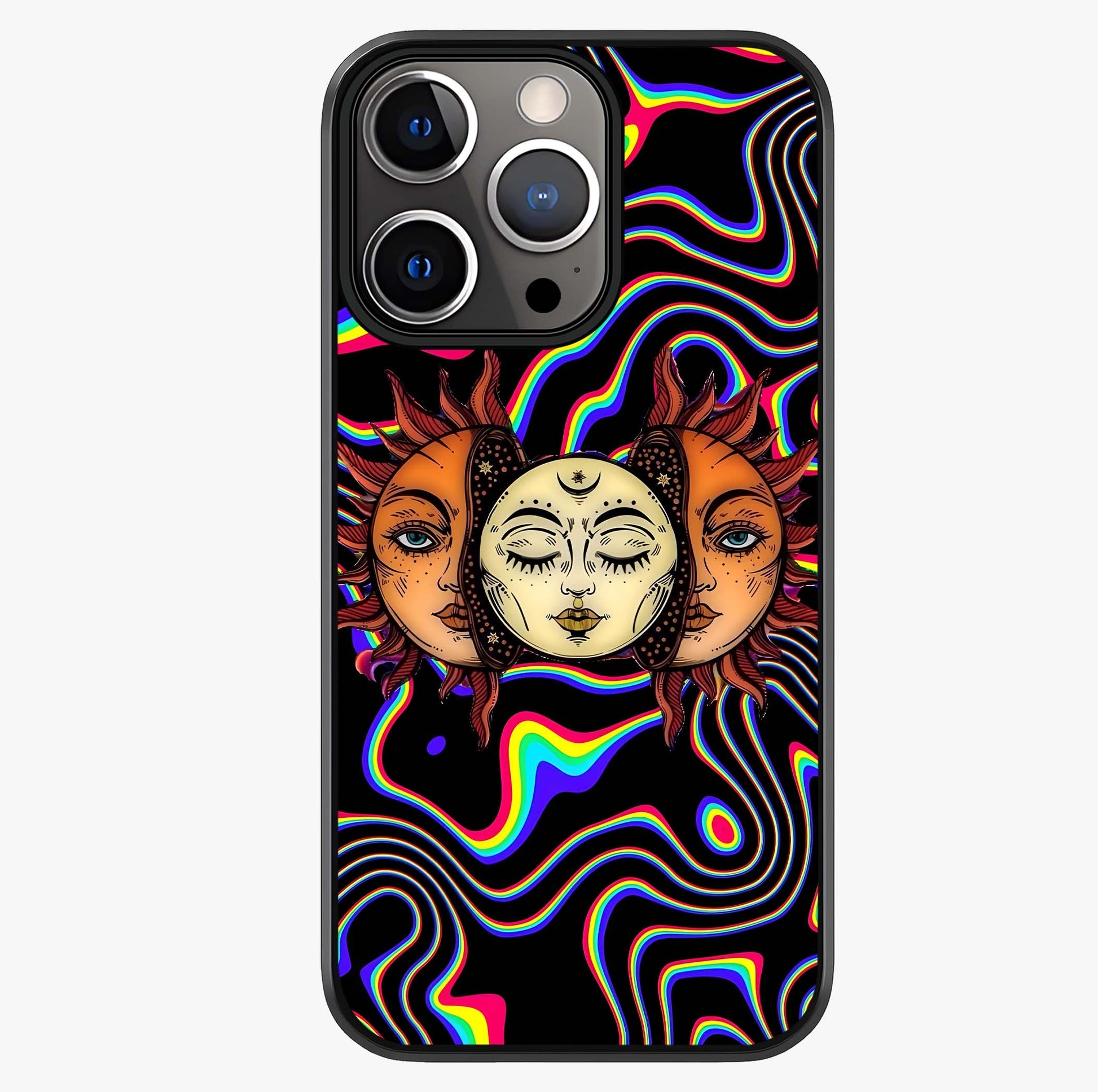 Psychedelic Sun Glass Case showing full back design in clean flat view with glossy glass finish.