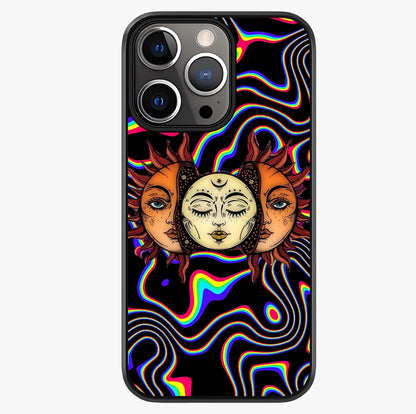 Psychedelic Sun Glass Case showing full back design in clean flat view with glossy glass finish.