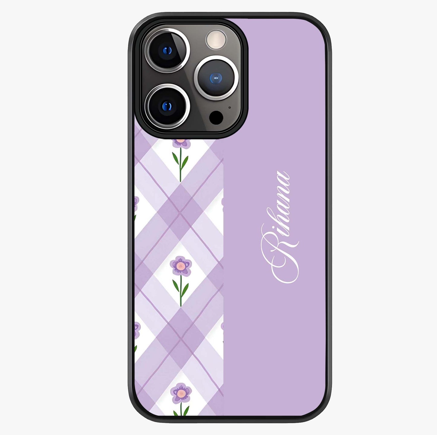 Purple Diamond Floral Glass Case showing full back design in clean flat view with glossy glass finish.