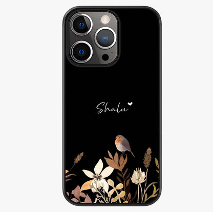 Quiet Garden Tune Custom Name Glass Case showing full back design in clean flat view with glossy glass finish.