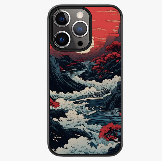 Red Sunset Scenery Glass Case showing full back design in clean flat view with glossy glass finish.