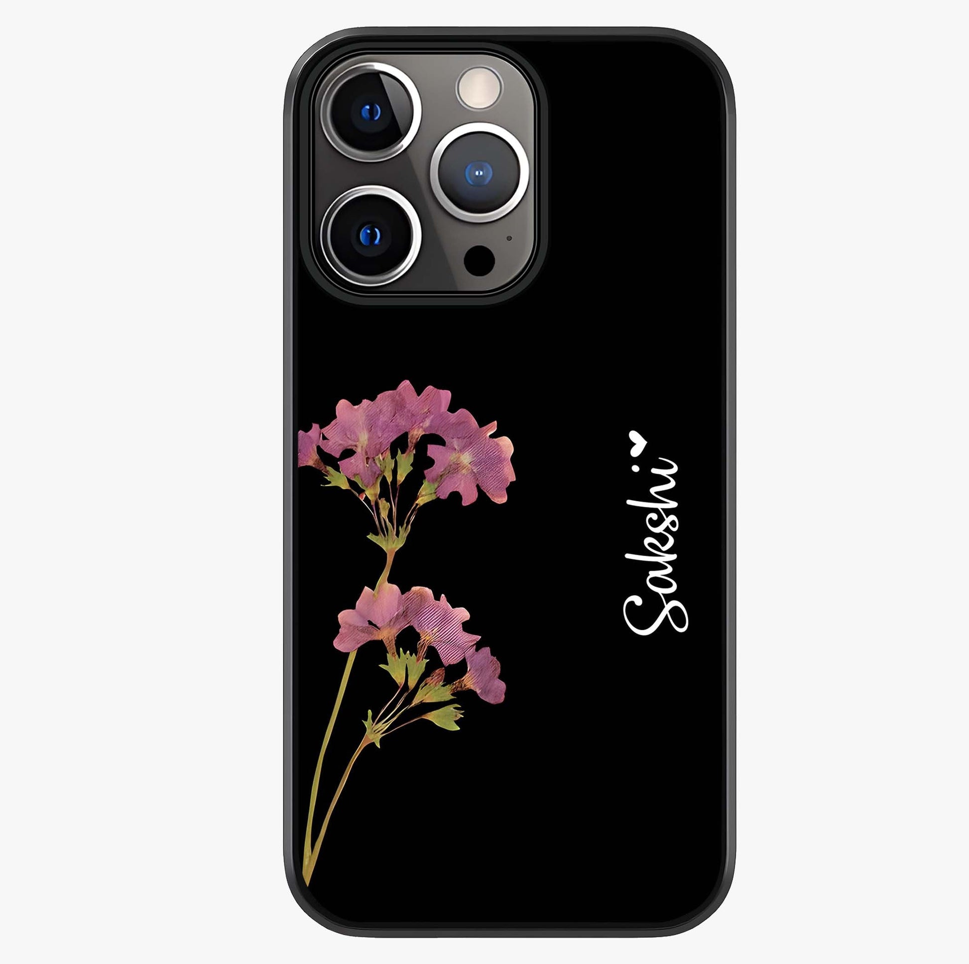 Riching Lavender Flower Custom Name Glass Case showing full back design in clean flat view with glossy glass finish.