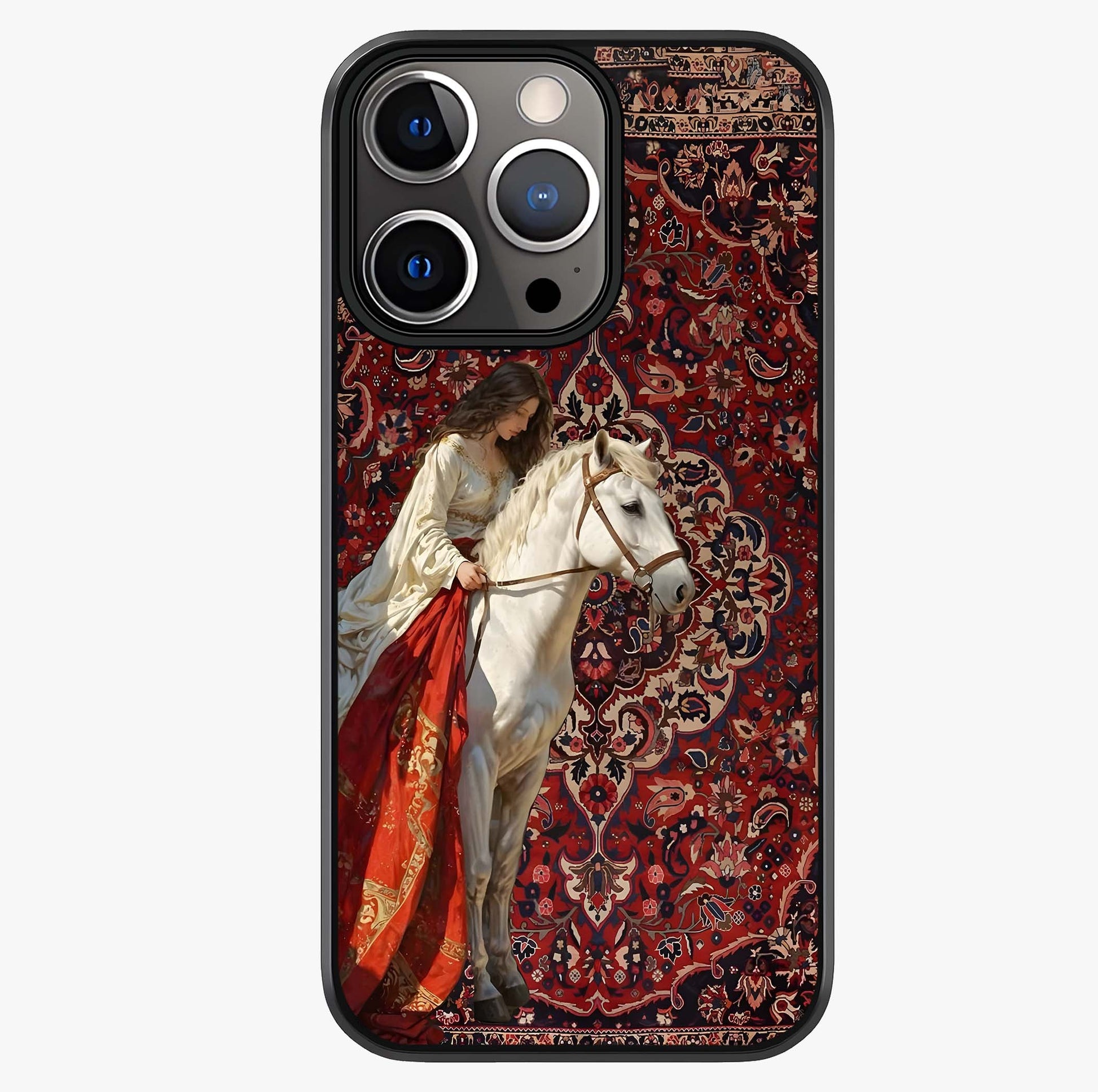 Royal Rider Tapestry Glass Case showing full back design in clean flat view with glossy glass finish.