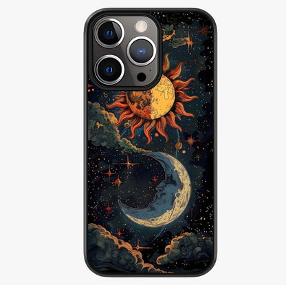 Sun And Moon Magic Design Glass Case showing full back design in clean flat view with glossy glass finish.