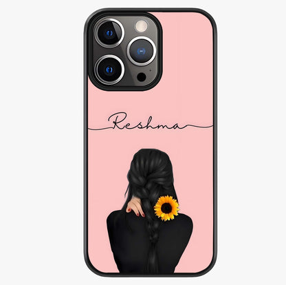 Sunflower Braid Beauty With Custom Name Glass Case showing full back design in clean flat view with glossy glass finish.