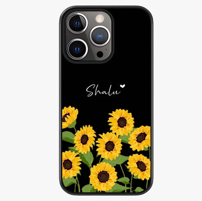 Sunflower Chic Mood Custom Name Glass Case showing full back design in clean flat view with glossy glass finish.