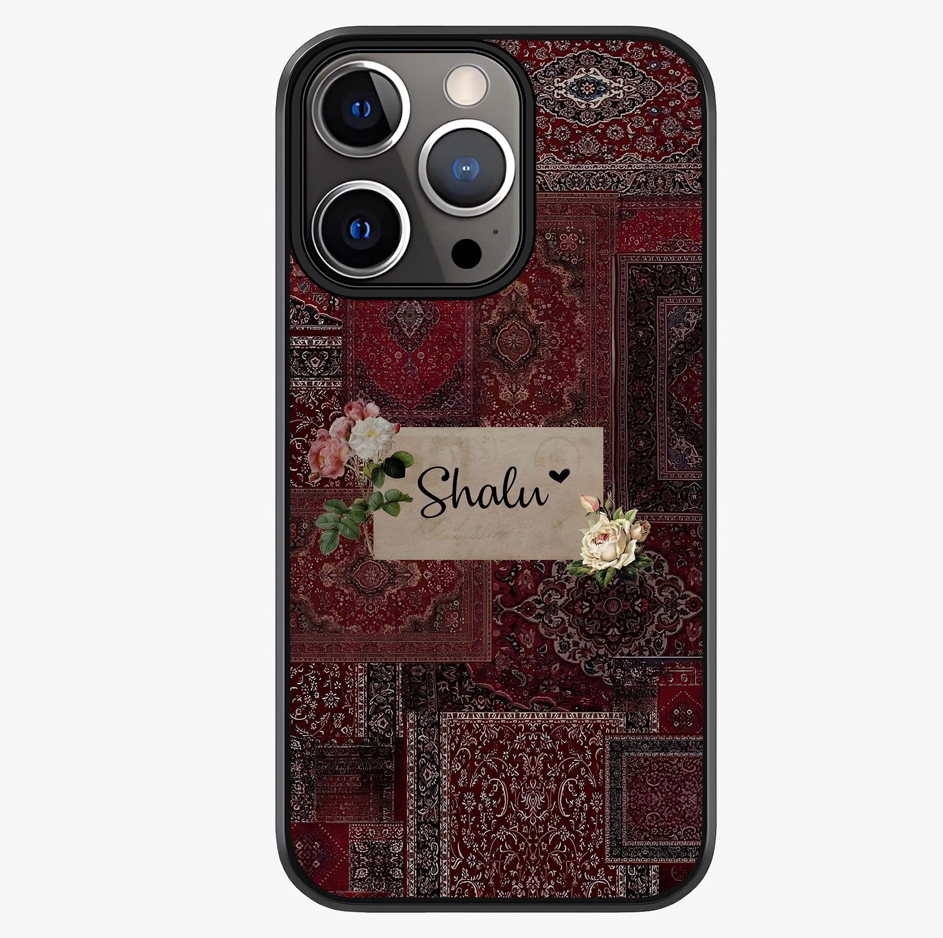 Velvet Wine Pattern Custom Name Glass Case showing full back design in clean flat view with glossy glass finish.