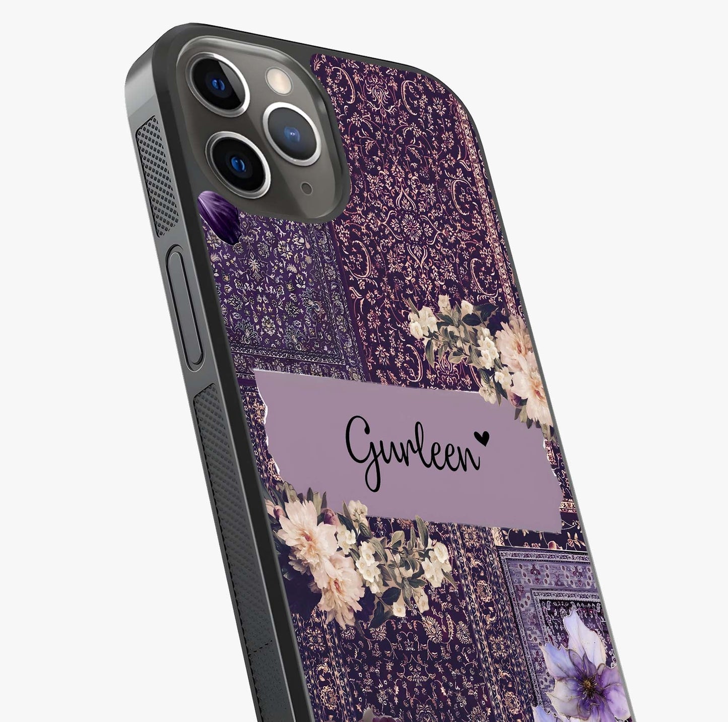 Antique Floral Whisper Custom Name Glass Case captured at a warm angle highlighting gloss, texture and premium glass finish.