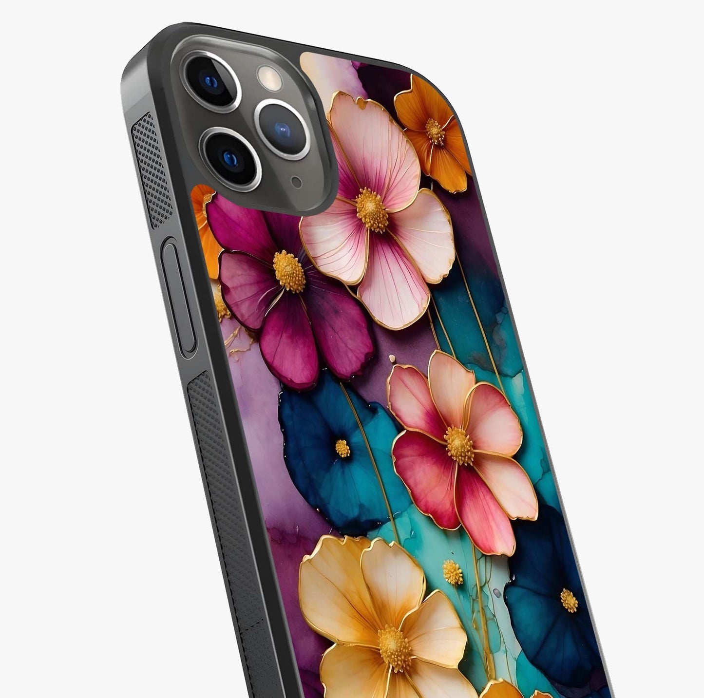 Artlyn Grace Flower Pattern Glass Case captured at a warm angle highlighting gloss, texture and premium glass finish.