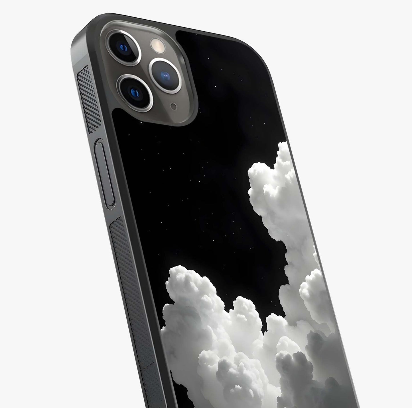Black Background With White Cloud Glass Case captured at a warm angle highlighting gloss, texture and premium glass finish.