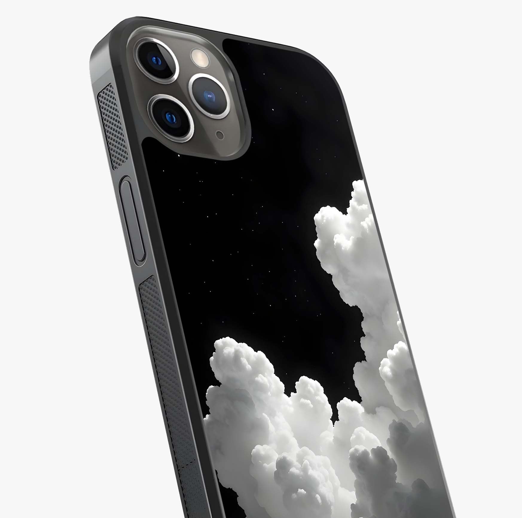 Black Background With White Cloud Glass Case captured at a warm angle highlighting gloss, texture and premium glass finish.
