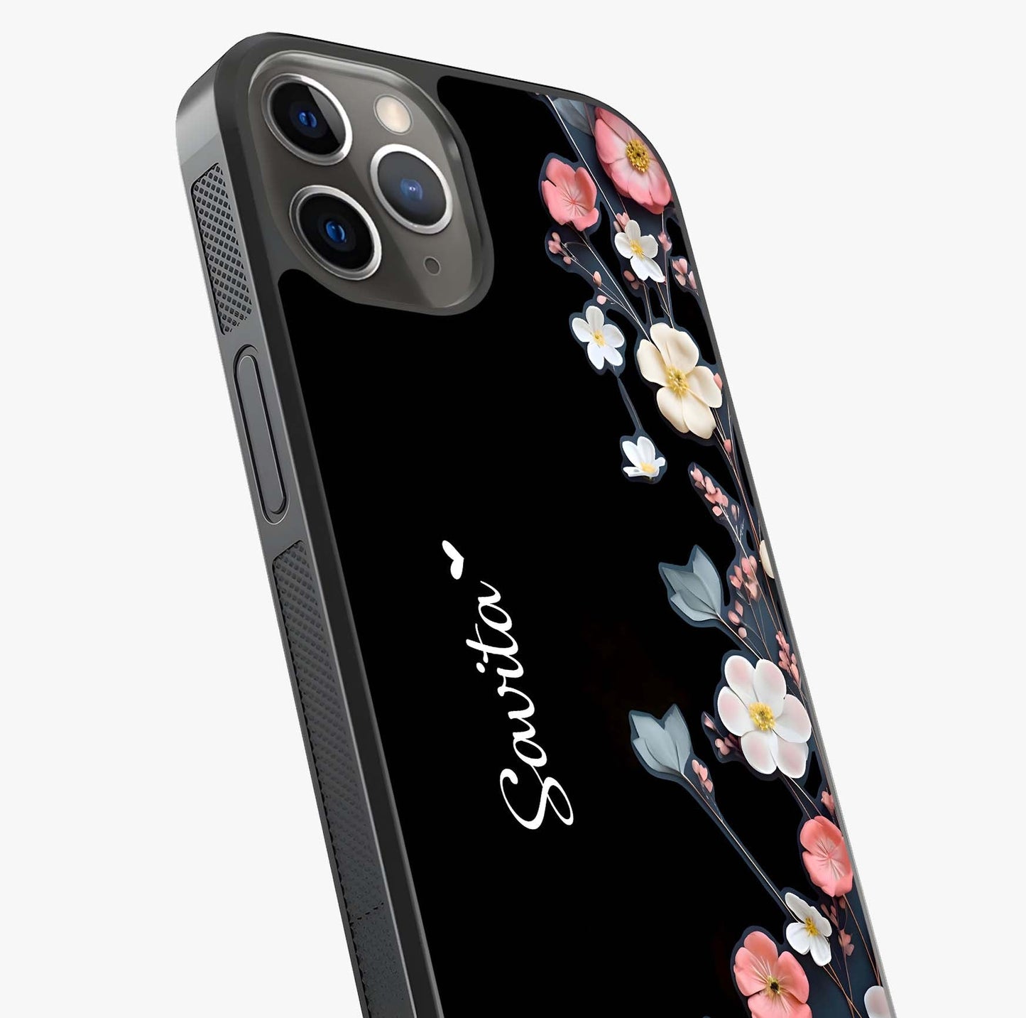 Black Elegance Floral Custom Name Glass Case captured at a warm angle highlighting gloss, texture and premium glass finish.