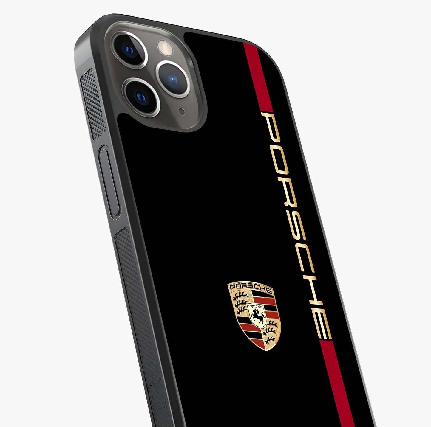 Black Minimal Porsche Glass Case captured at a warm angle highlighting gloss, texture and premium glass finish.