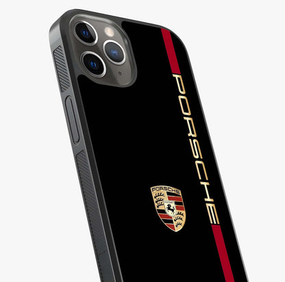 Black Minimal Porsche Glass Case captured at a warm angle highlighting gloss, texture and premium glass finish.