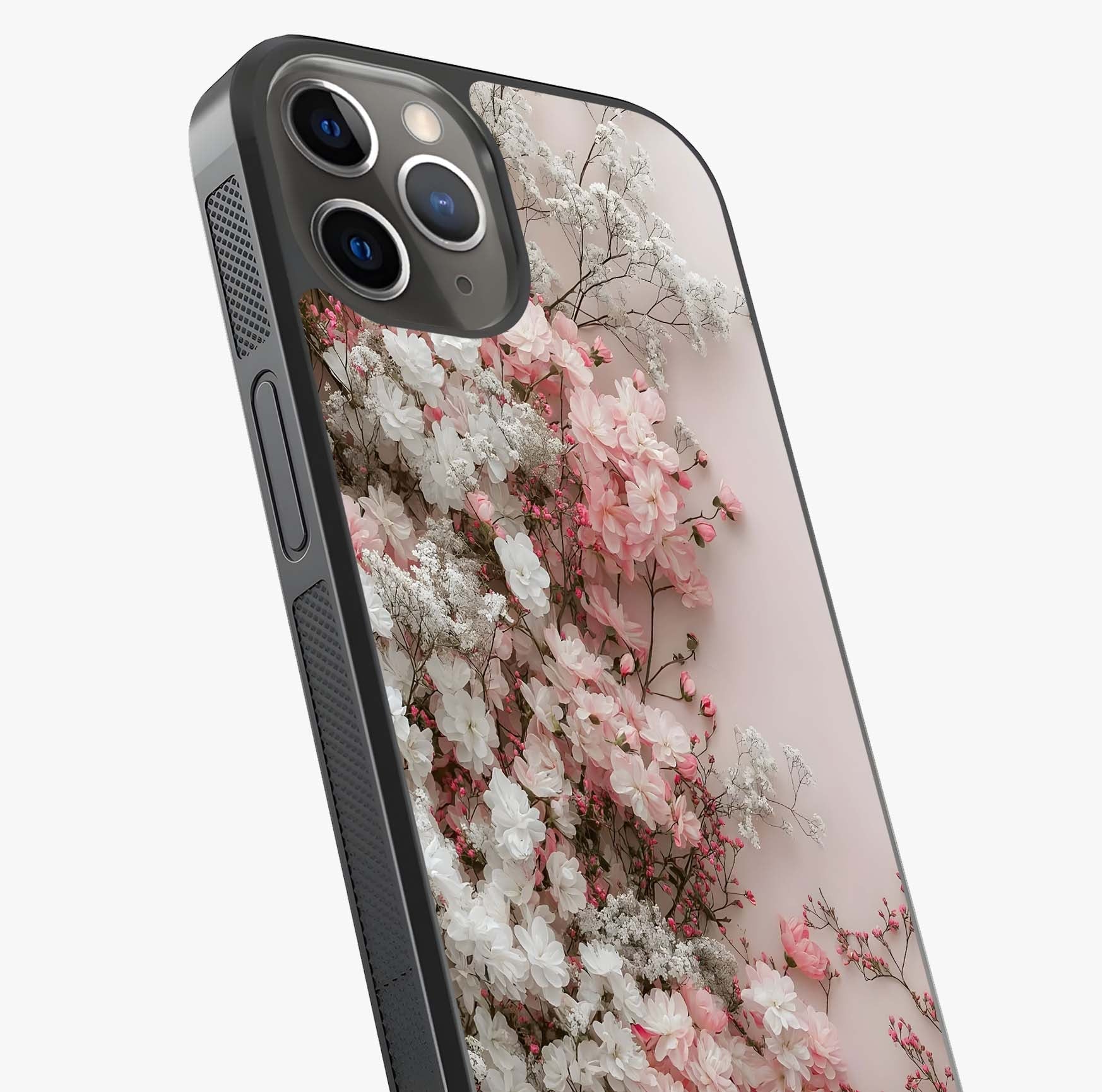 Blush Blossom Cloud Glass Case captured at a warm angle highlighting gloss, texture and premium glass finish.