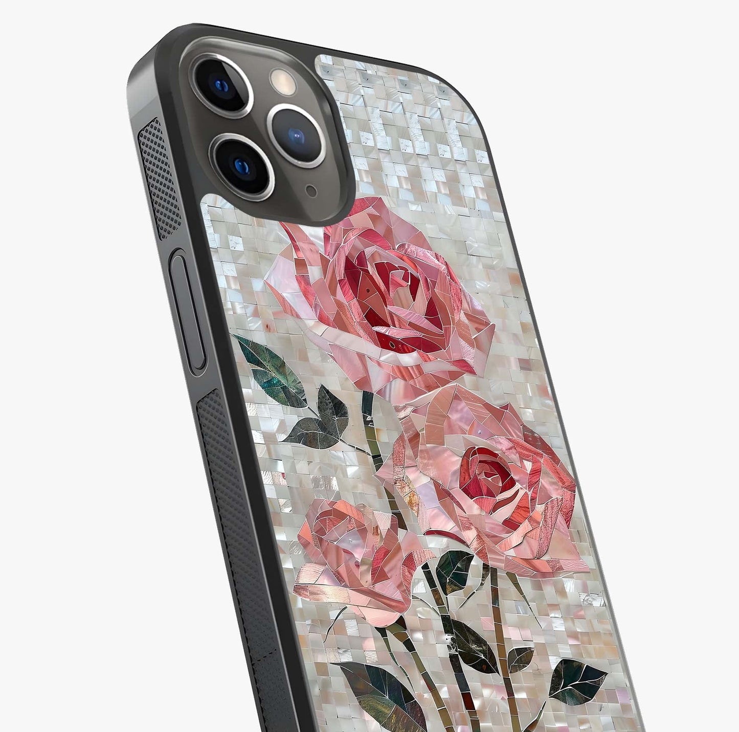 Blush Mosaic Bloom Glass Case captured at a warm angle highlighting gloss, texture and premium glass finish.