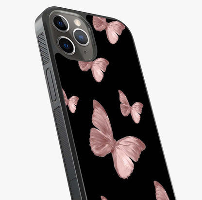 Butterfly Pattern Glass Case captured at a warm angle highlighting gloss, texture and premium glass finish.