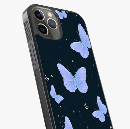 Butterfly With Stars Pattern Glass Case captured at a warm angle highlighting gloss, texture and premium glass finish.
