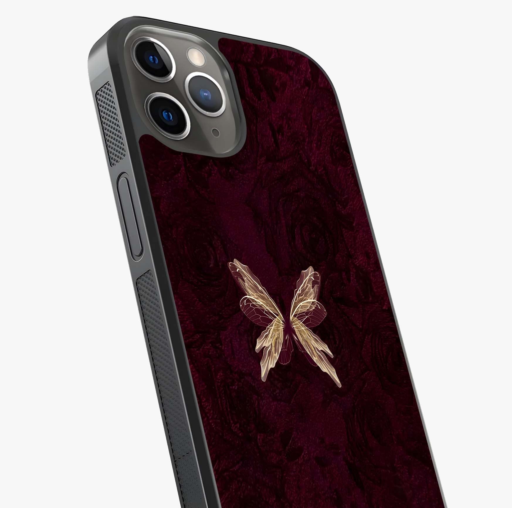 Crimson Fade Butterfly Glass Case captured at a warm angle highlighting gloss, texture and premium glass finish.