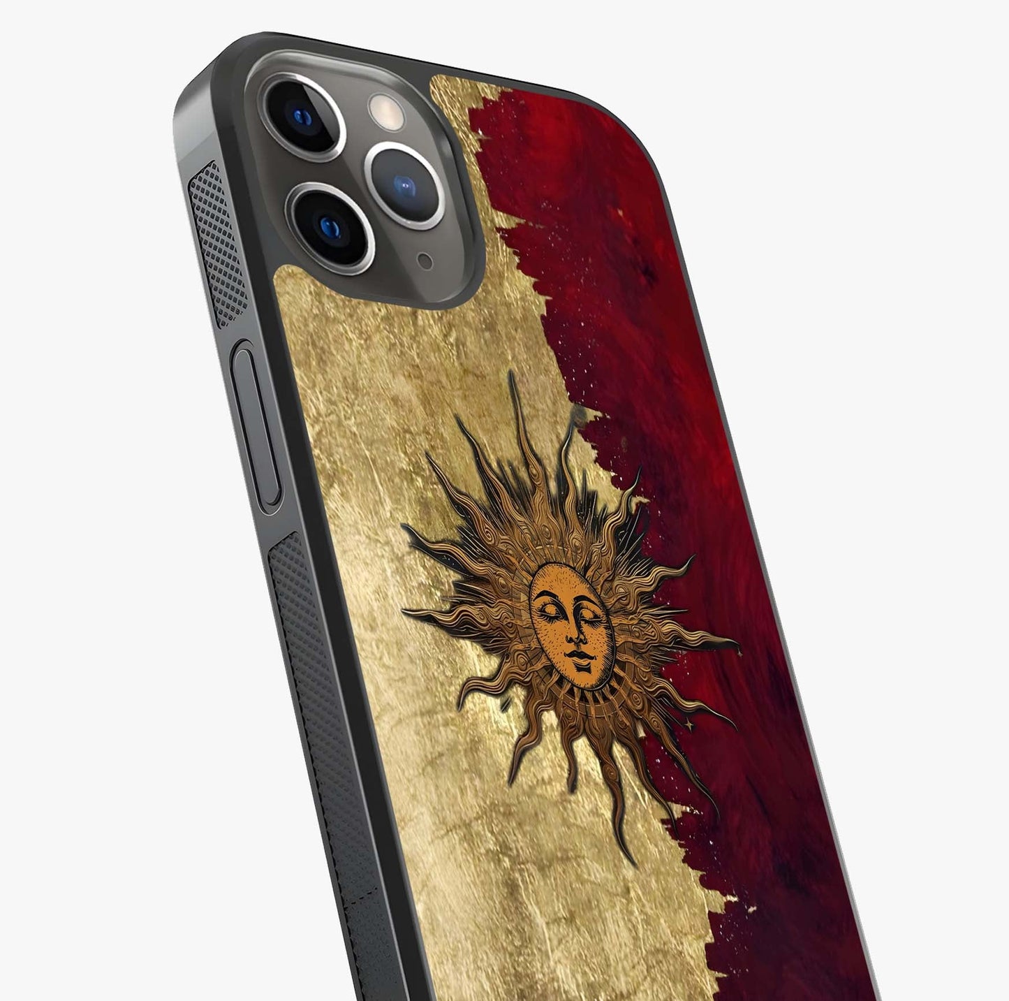 Crimson Sun Majesty Glass Case captured at a warm angle highlighting gloss, texture and premium glass finish.