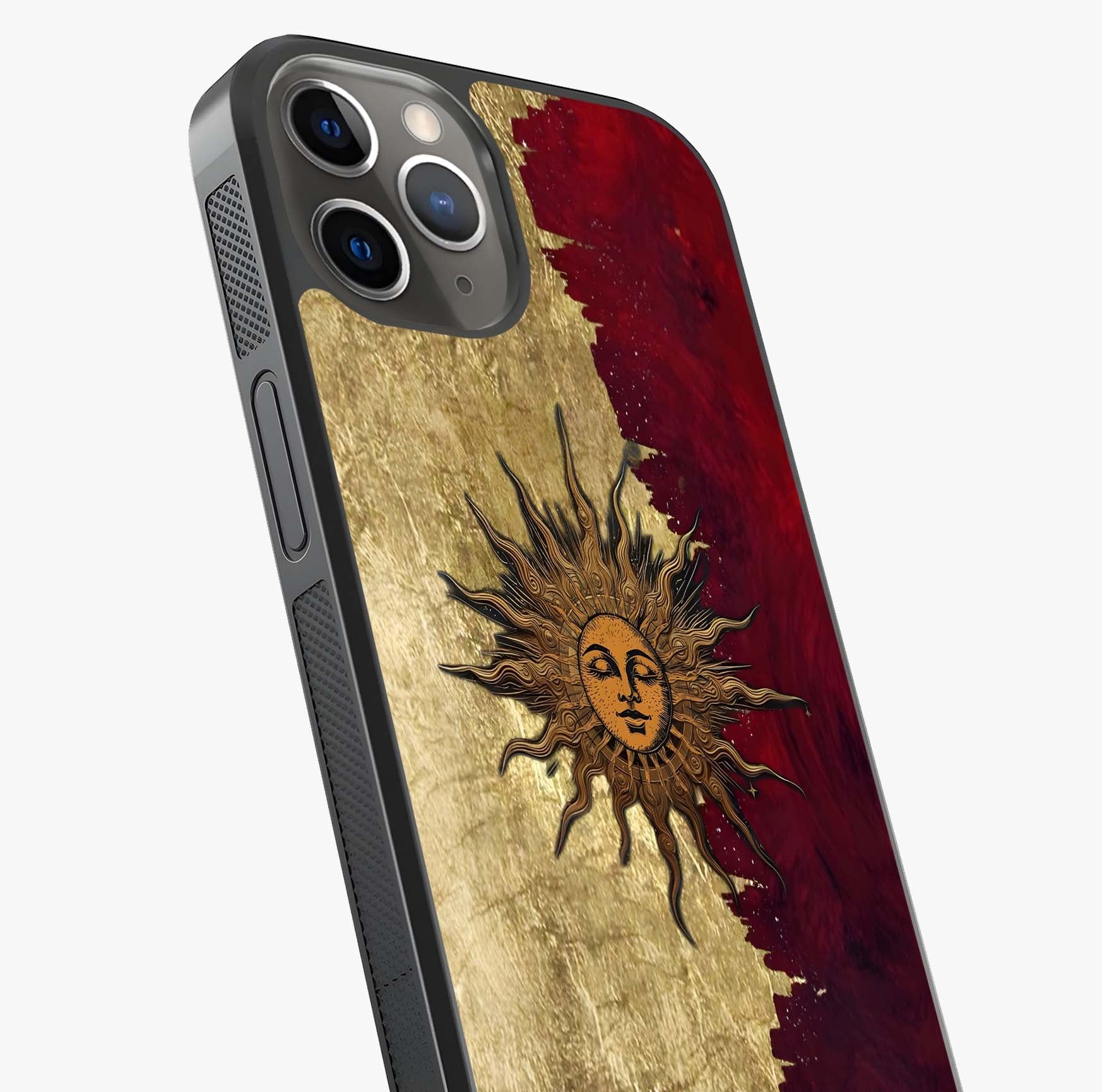 Crimson Sun Majesty Glass Case captured at a warm angle highlighting gloss, texture and premium glass finish.