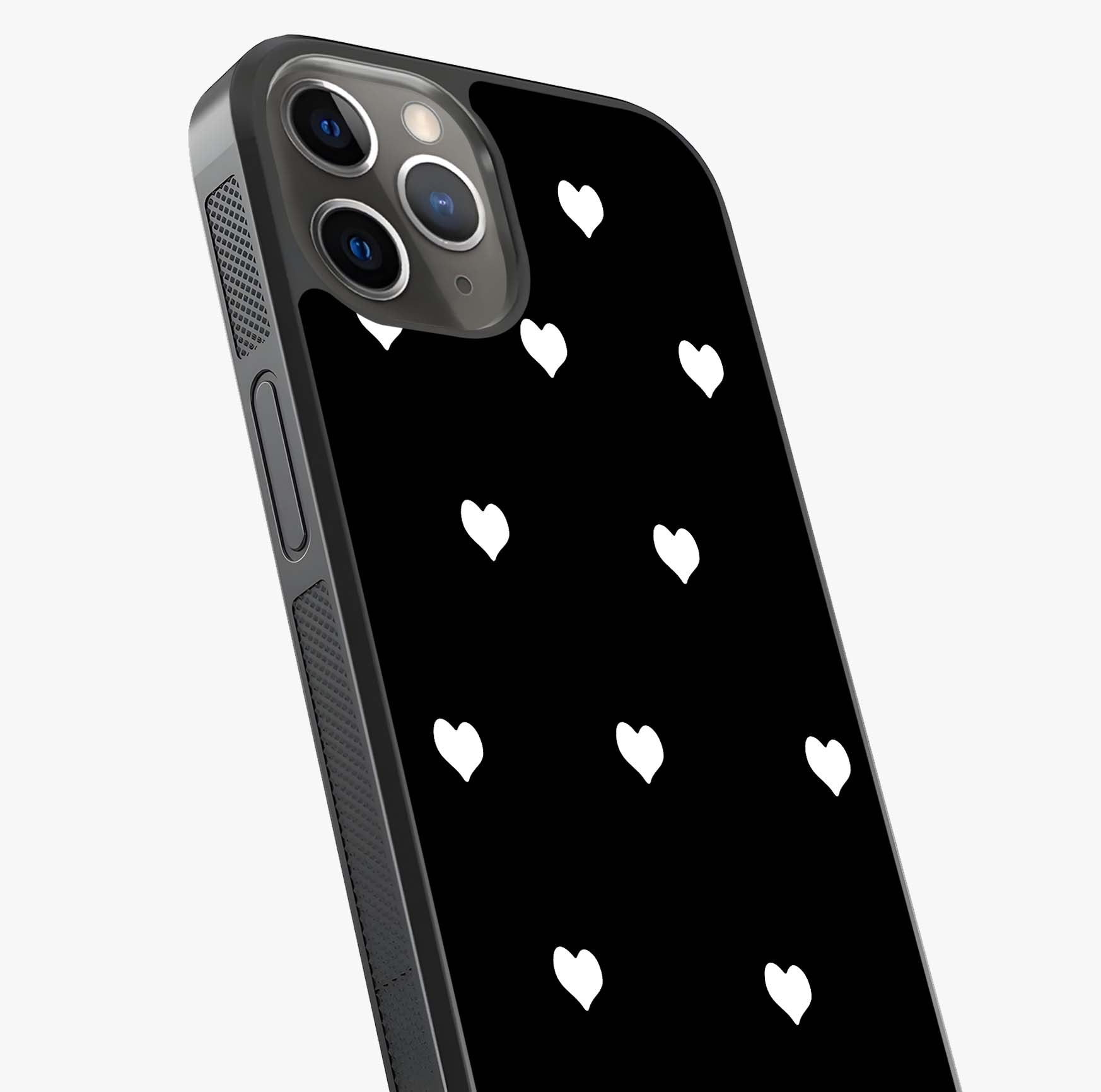 Cute And Simple White Hearts Glass Case captured at a warm angle highlighting gloss, texture and premium glass finish.