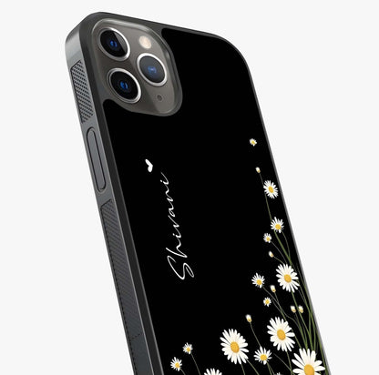 Daisy Cascade Custom Name Glass Case captured at a warm angle highlighting gloss, texture and premium glass finish.