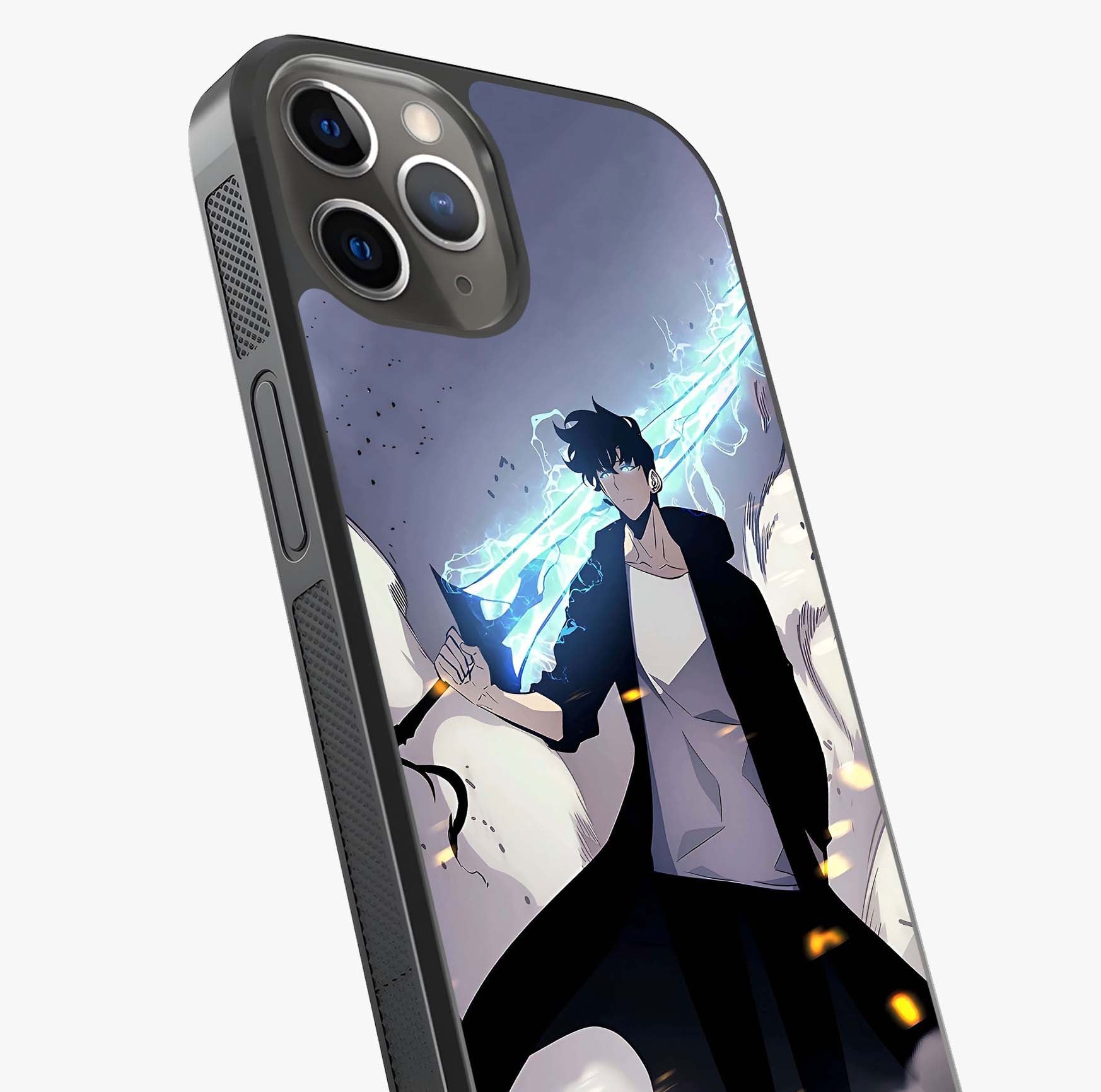 Dark Lightning Anime Warrior Glass Case captured at a warm angle highlighting gloss, texture and premium glass finish.