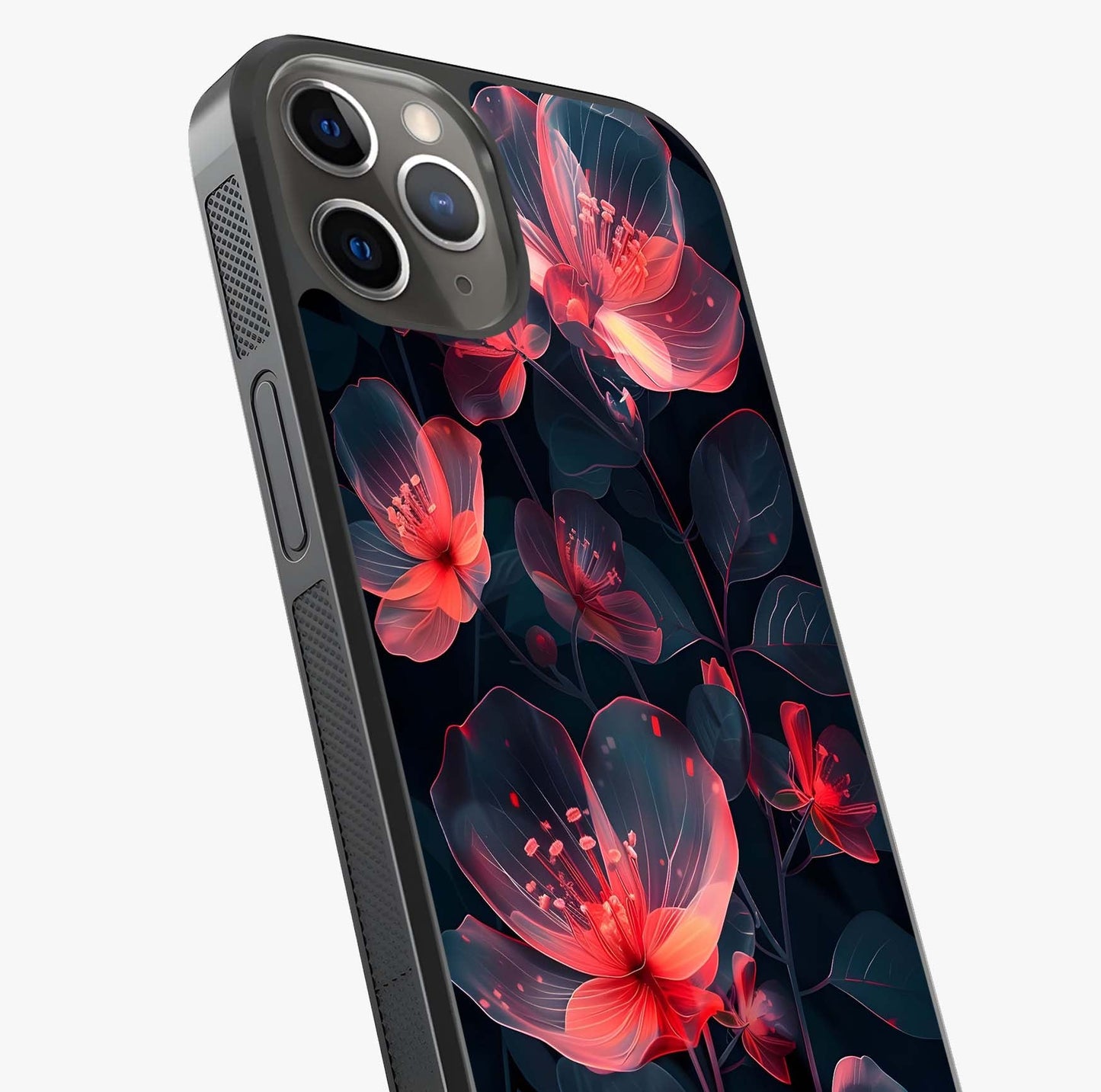 Dark Shade Of Flower Glass Case captured at a warm angle highlighting gloss, texture and premium glass finish.