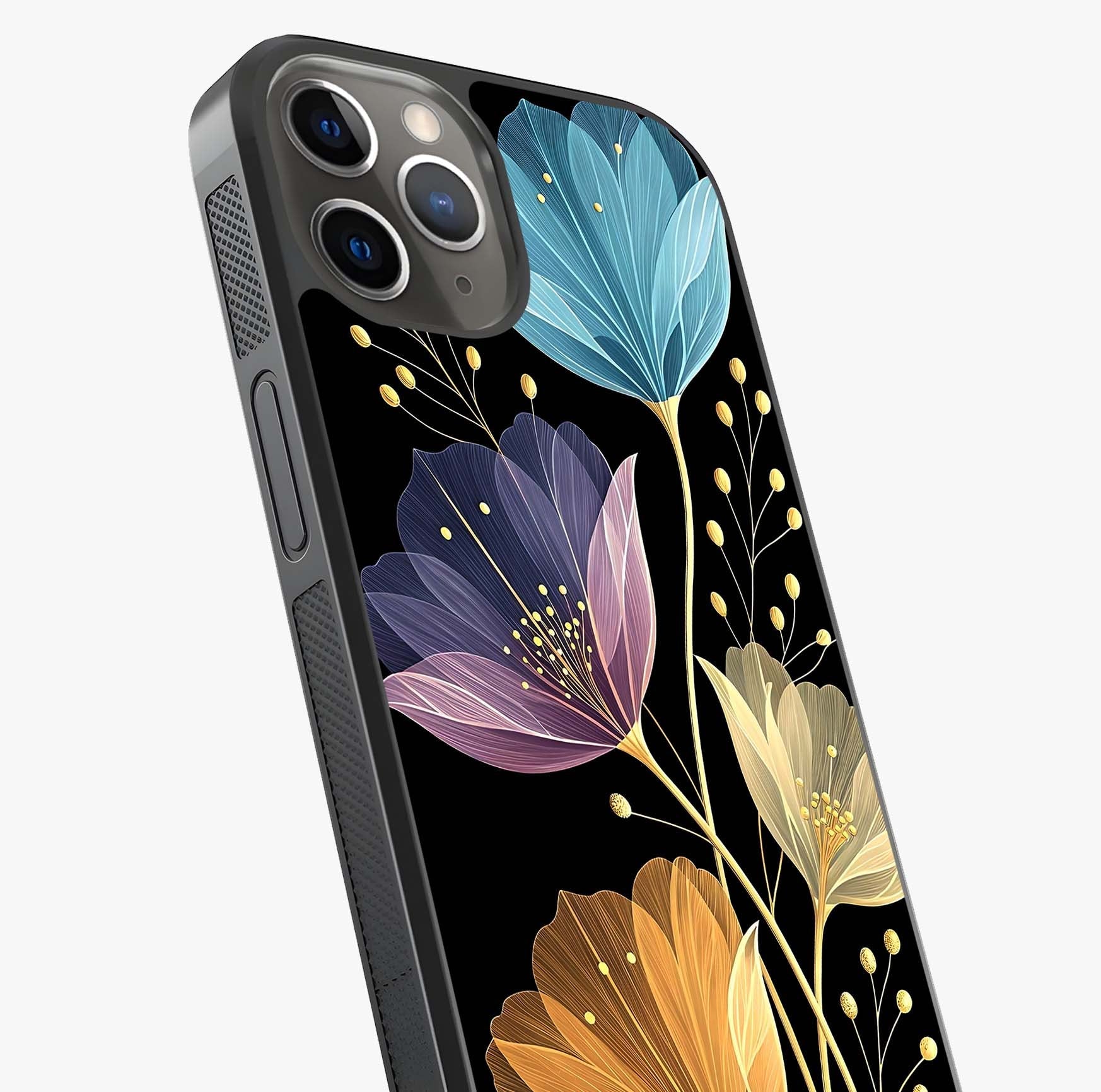 Delicate Multicolor Flowers Glass Case captured at a warm angle highlighting gloss, texture and premium glass finish.