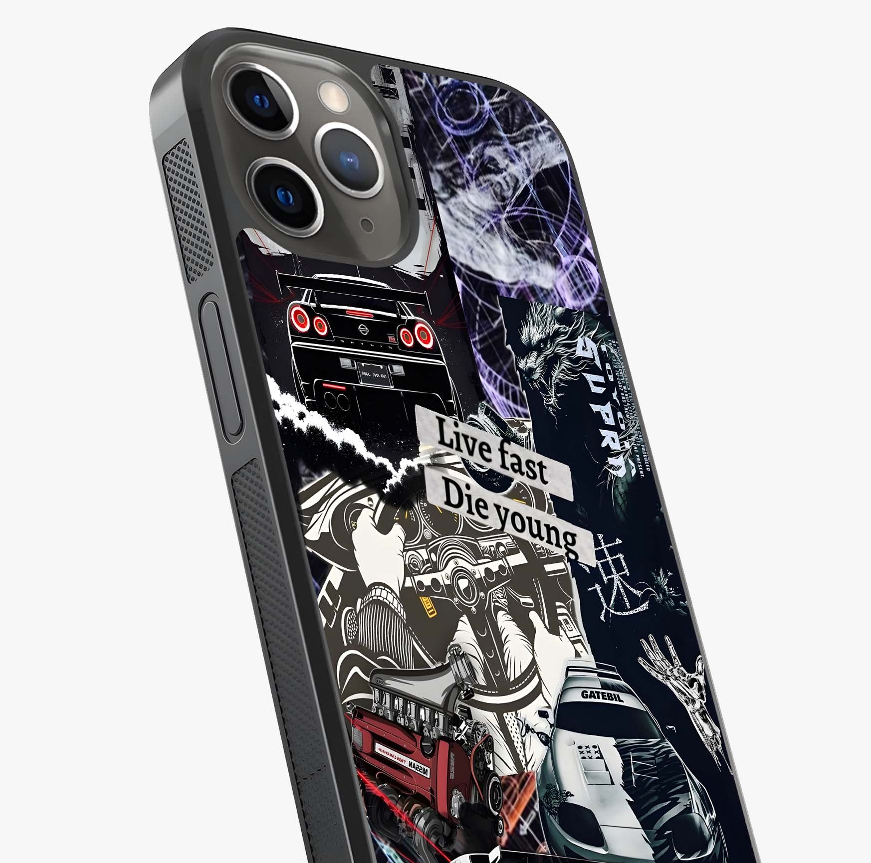 Die Young Glass Case captured at a warm angle highlighting gloss, texture and premium glass finish.