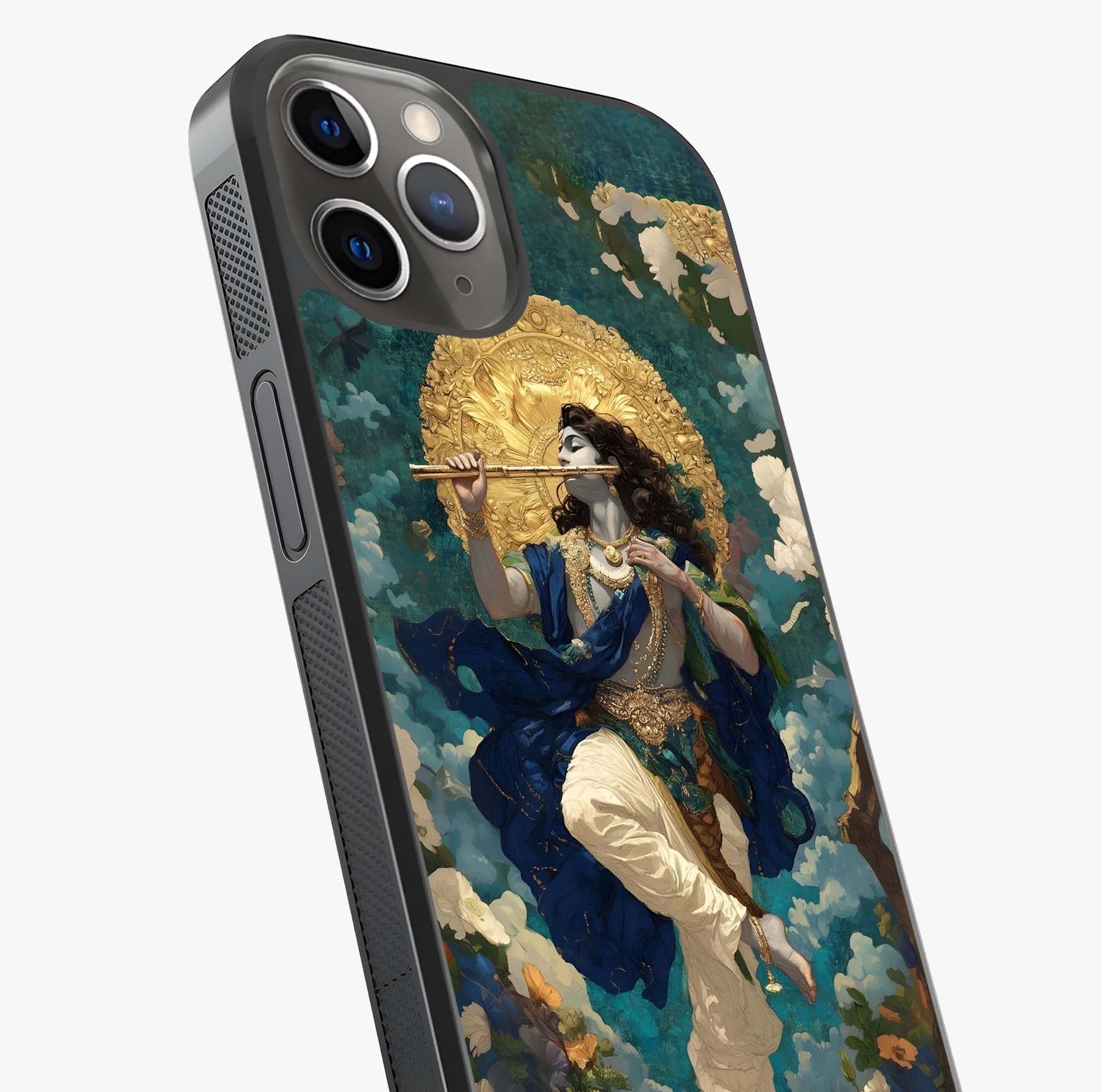 Divine Krishna Art Glass Case captured at a warm angle highlighting gloss, texture and premium glass finish.