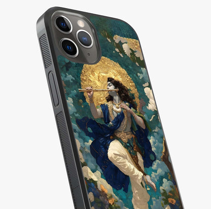 Divine Krishna Art Glass Case captured at a warm angle highlighting gloss, texture and premium glass finish.