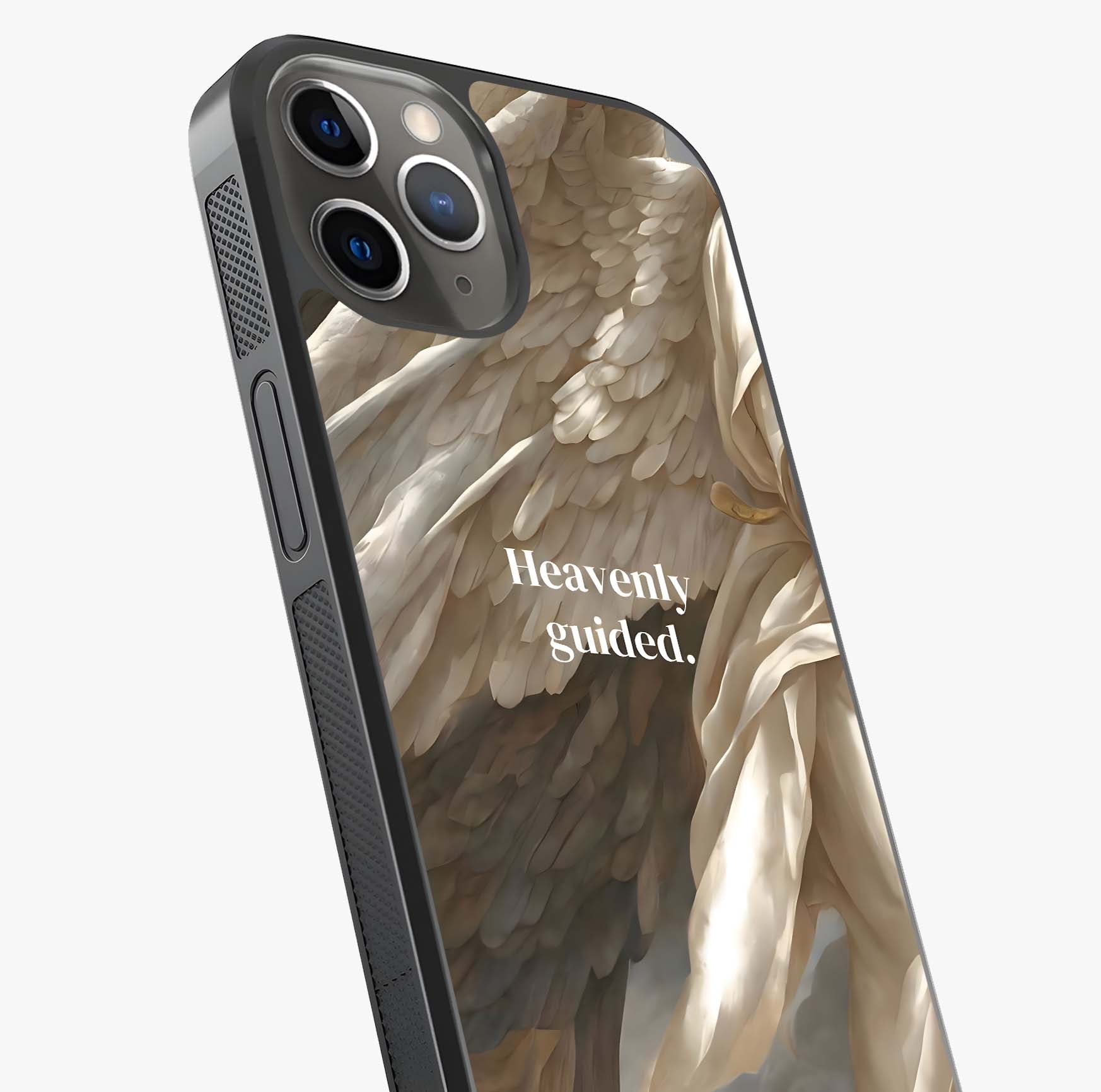 Divine Winged Grace Glass Case captured at a warm angle highlighting gloss, texture and premium glass finish.