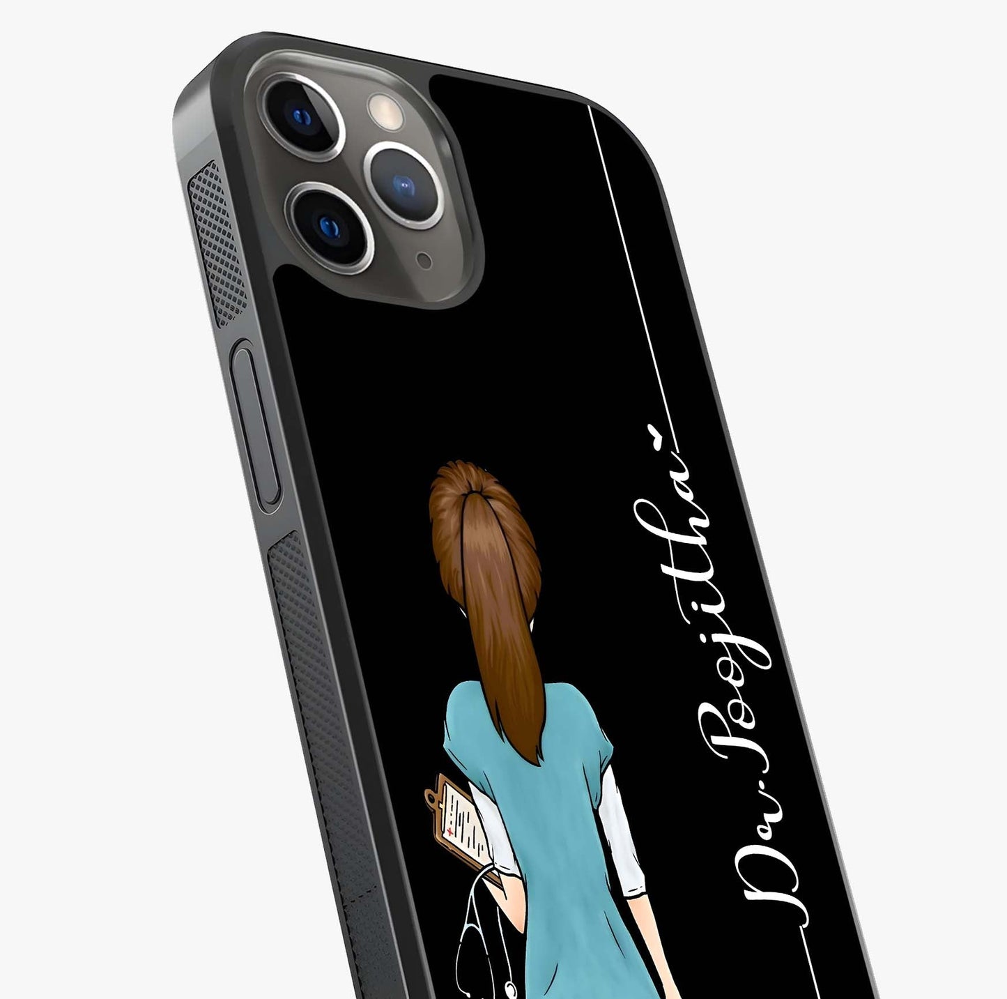 Doctor Pattern Custom Name Glass Case captured at a warm angle highlighting gloss, texture and premium glass finish.