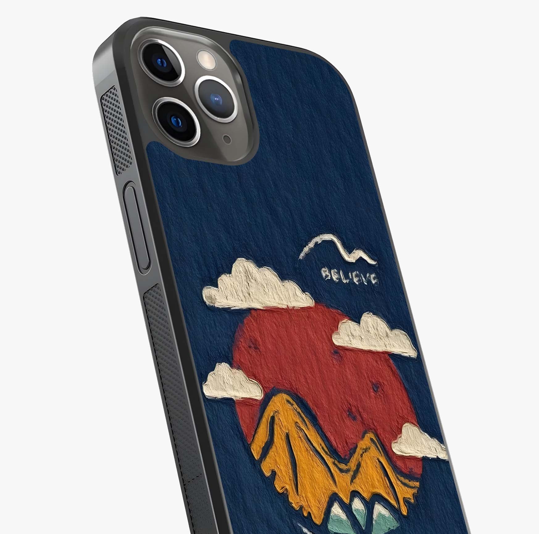 Dream Beyond Mountains Glass Case captured at a warm angle highlighting gloss, texture and premium glass finish.