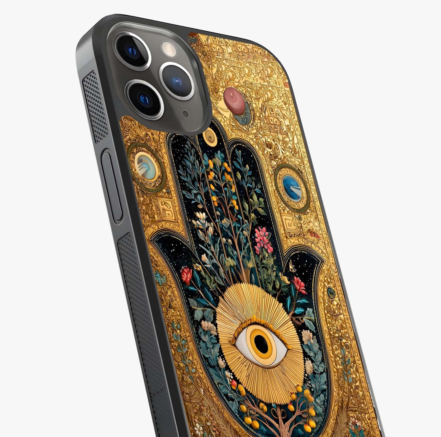 Ethereal Evil Eye Glass Case captured at a warm angle highlighting gloss, texture and premium glass finish.