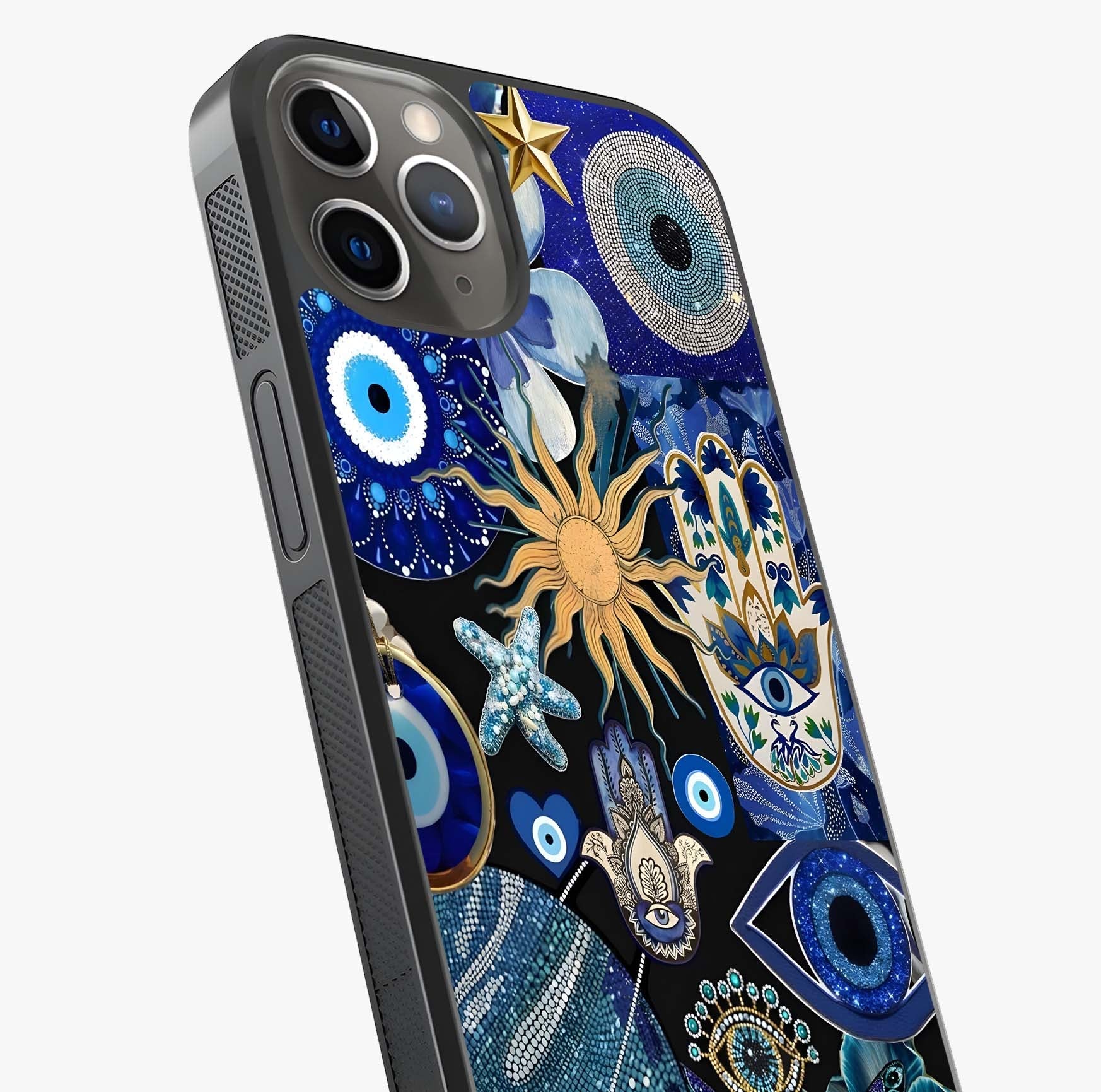 Evil Eye Charm Mix Glass Case captured at a warm angle highlighting gloss, texture and premium glass finish.