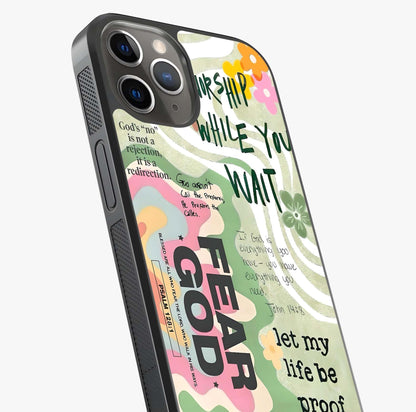 Faith Over Fear Glass Case captured at a warm angle highlighting gloss, texture and premium glass finish.