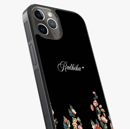 Floral Design With A Custom Personalized Name Glass Case captured at a warm angle highlighting gloss, texture and premium glass finish.
