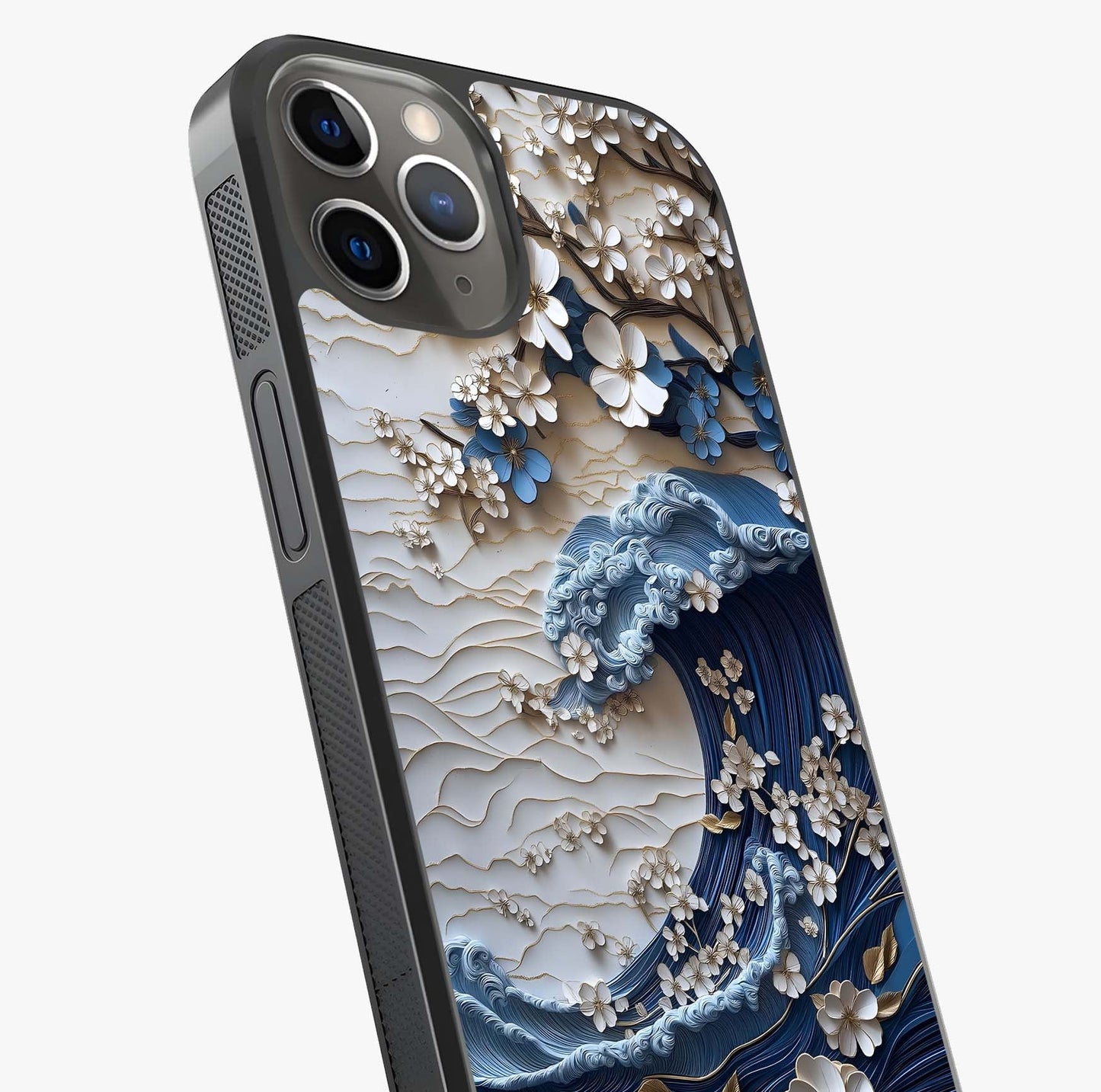 Floral Wave Origami Glass Case captured at a warm angle highlighting gloss, texture and premium glass finish.