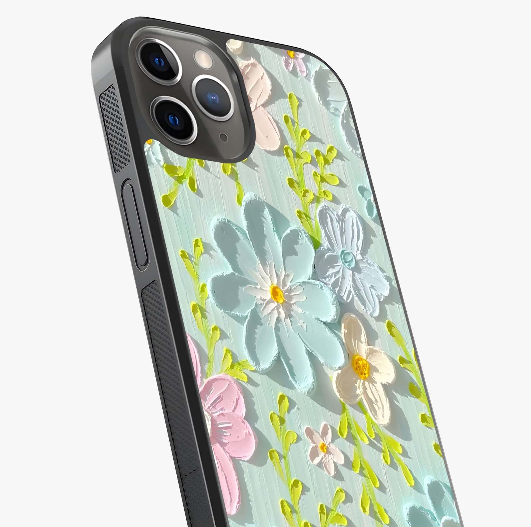 Frosted Petal Garden Glass Case captured at a warm angle highlighting gloss, texture and premium glass finish.