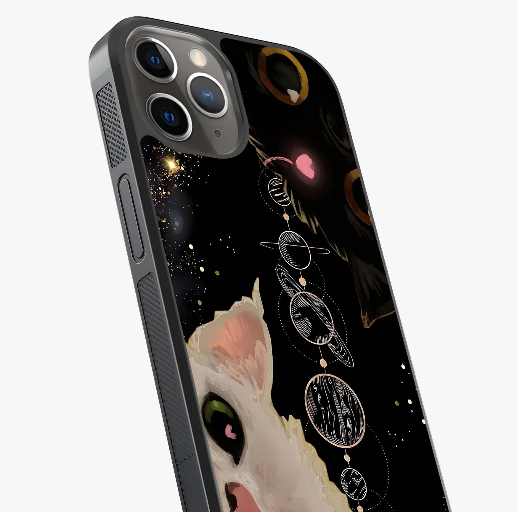 Galactic Cat Glass Case captured at a warm angle highlighting gloss, texture and premium glass finish.
